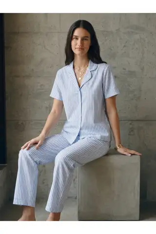 V Yaka Düğmeli Casual Mavi Pijama Takımı - 3