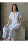 V Yaka Düğmeli Casual Mavi Pijama Takımı - Görsel 3