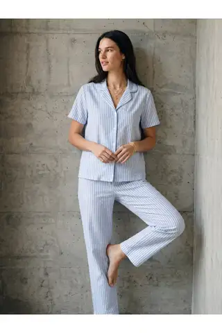 V Yaka Düğmeli Casual Mavi Pijama Takımı - 4
