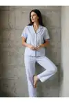 V Yaka Düğmeli Casual Mavi Pijama Takımı - Görsel 4