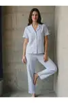 V Yaka Düğmeli Casual Mavi Pijama Takımı - Görsel 5