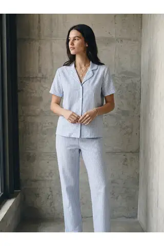 V Yaka Düğmeli Casual Mavi Pijama Takımı - 6