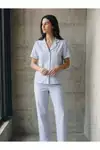 V Yaka Düğmeli Casual Mavi Pijama Takımı - Görsel 6