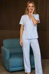Bol Kesim V Yaka Örme Mavi Pijama Takımı - Görsel 3