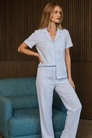 Bol Kesim V Yaka Örme Mavi Pijama Takımı - 6