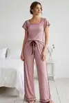 Fırfır Detaylı Bürümcük Kumaşlı Kısa Kollu Pijama Takımı 6022 Pembe - Görsel 3