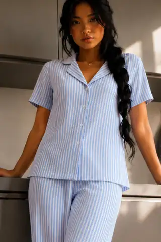 Kadın Zarif Yaka Dokulu Ferah Mavi Pijama Takımı - 3