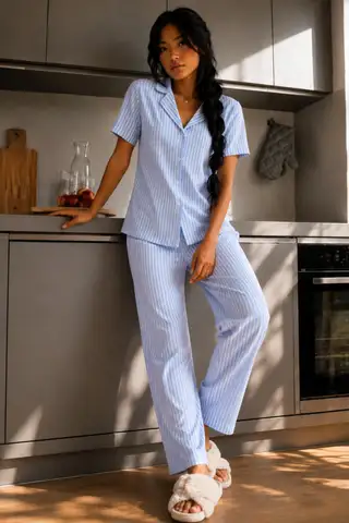 Kadın Zarif Yaka Dokulu Ferah Mavi Pijama Takımı - 5