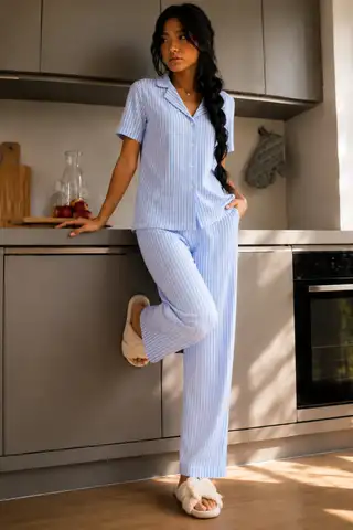 Kadın Zarif Yaka Dokulu Ferah Mavi Pijama Takımı - 6