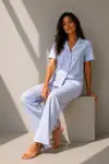 Kadın Klasik Doğal Düğme Gece Mavi Pijama Takımı - Görsel 2