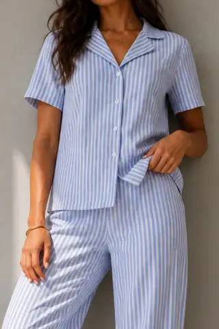 Kadın Klasik Doğal Düğme Gece Mavi Pijama Takımı - 3