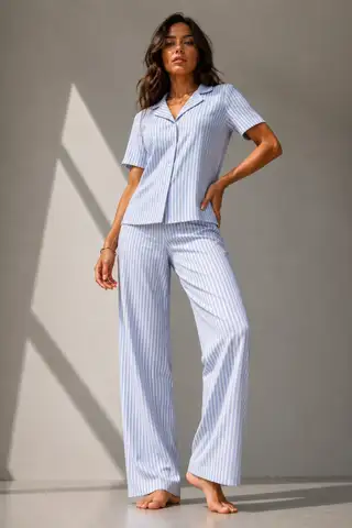 Kadın Klasik Doğal Düğme Gece Mavi Pijama Takımı - 5