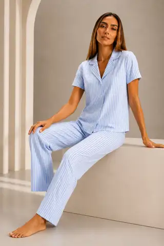 Kadın Kısa Kol Rahat Kalıp Şık Mavi Pijama Takımı - 2