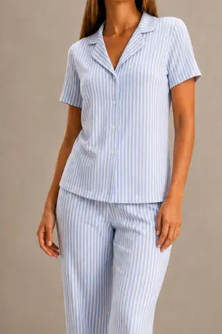 Kadın Kısa Kol Rahat Kalıp Şık Mavi Pijama Takımı - 3
