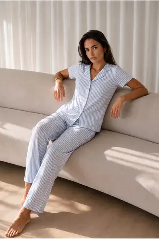 Kadın Loose Uzun Paça Pamuk Mavi Pijama Takımı - 1