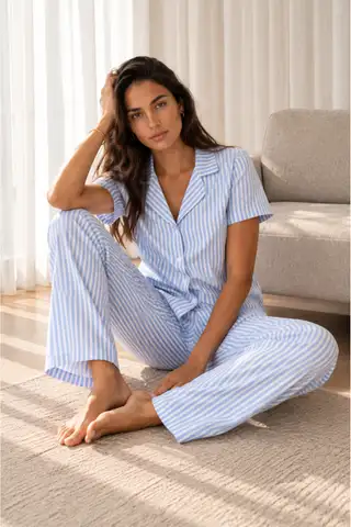 Kadın Loose Uzun Paça Pamuk Mavi Pijama Takımı - 2