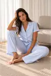 Kadın Loose Uzun Paça Pamuk Mavi Pijama Takımı - Görsel 2