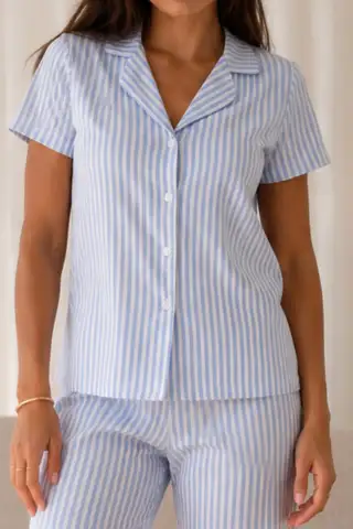 Kadın Loose Uzun Paça Pamuk Mavi Pijama Takımı - 3