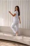 Kadın Loose Uzun Paça Pamuk Mavi Pijama Takımı - Görsel 5