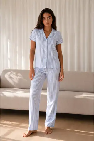 Kadın Loose Uzun Paça Pamuk Mavi Pijama Takımı - 6
