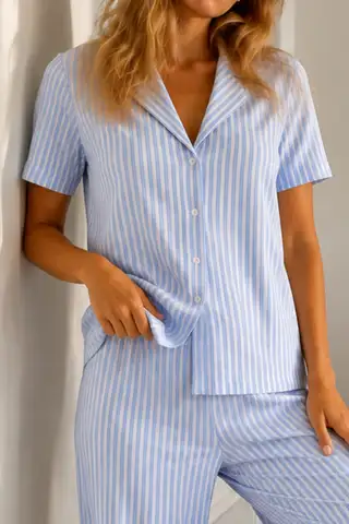 Kadın Loose Kalıp Pamuklu Mavi Pijama Takımı - 3