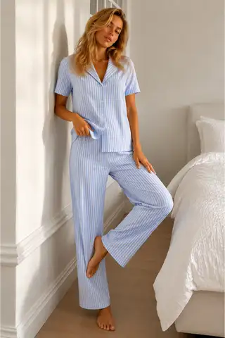 Kadın Loose Kalıp Pamuklu Mavi Pijama Takımı - 6