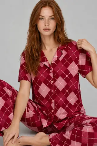 Kadın Kısa Kol Desenli Kırmızı Pijama Takımı 4730 - 2