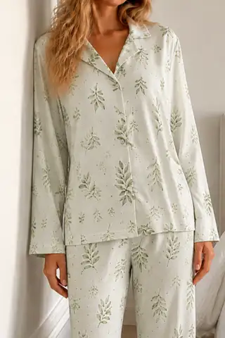 Kadın Bürümcük Tam Boy Çağla Yeşili Pijama Takımı - 3