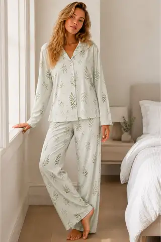 Kadın Bürümcük Tam Boy Çağla Yeşili Pijama Takımı - 5