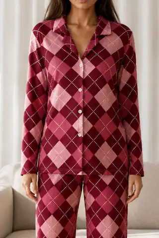Kadın Desenli Basic Kış Kırmızı Pijama Takımı - 3