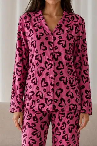 Kadın Desenli Basic Kış Lila Pijama Takımı - 3