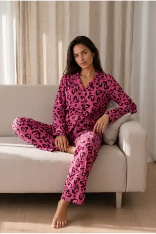 Kadın Desenli Basic Kış Lila Pijama Takımı - 6