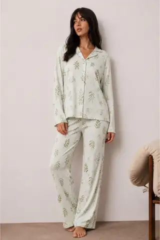 Kadın Düğmeli Kışlık Ev Çağla Yeşili Pijama Takımı - 1