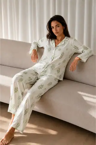 Kadın Desenli Basic Kış Çağla Yeşili Pijama Takımı - 1