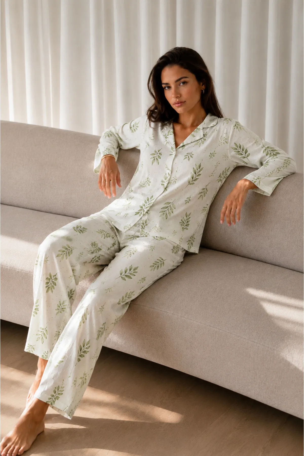 Kadın Desenli Basic Kış Çağla Yeşili Pijama Takımı