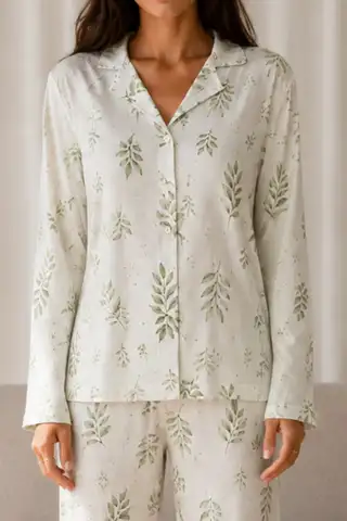 Kadın Desenli Basic Kış Çağla Yeşili Pijama Takımı - 3