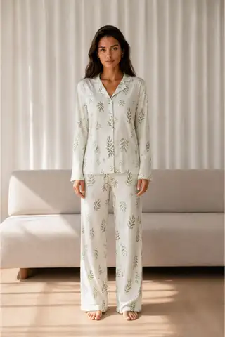 Kadın Desenli Basic Kış Çağla Yeşili Pijama Takımı - 5