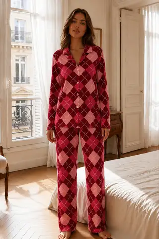 Kadın Relax Fit Düğme Kırmızı Pijama Takımı - 1