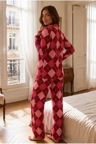 Kadın Relax Fit Düğme Kırmızı Pijama Takımı - 5