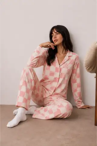 Kadın Düğmeli Kışlık Ev Pembe Pijama Takımı - 2