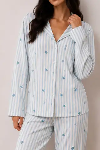 Kadın Düğmeli Kışlık Ev Mavi Pijama Takımı - 3