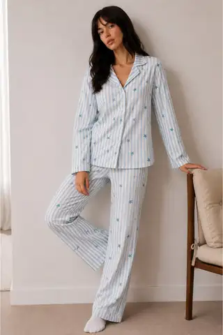 Kadın Düğmeli Kışlık Ev Mavi Pijama Takımı - 5