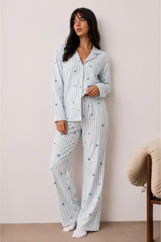 Kadın Düğmeli Kışlık Ev Mavi Pijama Takımı - 6