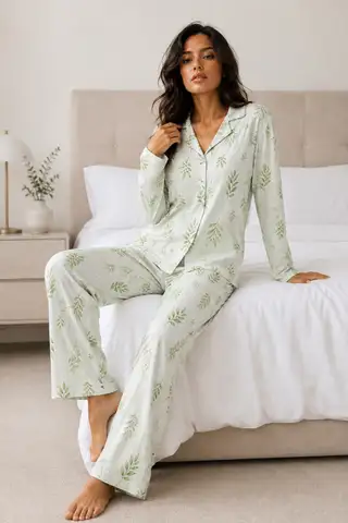 Kadın Uzun Kol Pamuklu Çağla Yeşili Pijama Takımı - 2