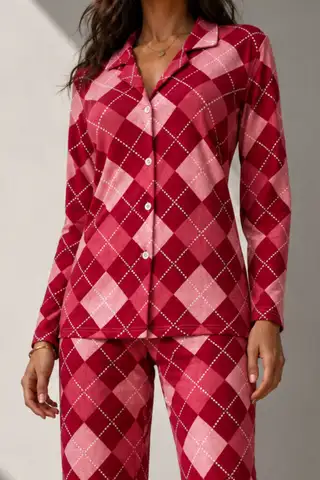 Kadın Uzun Kol Pamuklu Kırmızı Pijama Takımı - 3