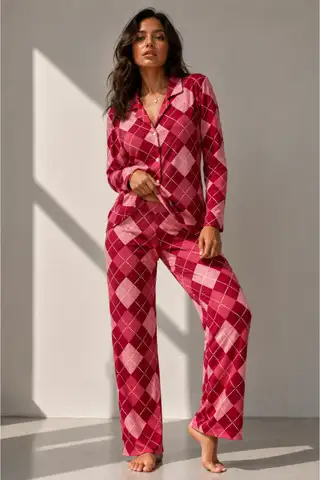 Kadın Uzun Kol Pamuklu Kırmızı Pijama Takımı - 6