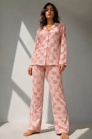 Kadın Uzun Kol Pamuklu Pembe Pijama Takımı - 1