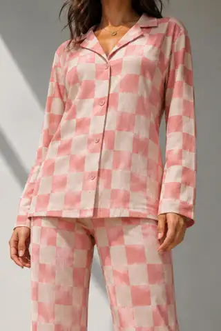 Kadın Uzun Kol Pamuklu Pembe Pijama Takımı - 3