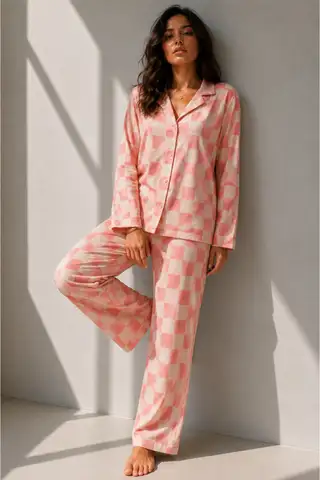 Kadın Uzun Kol Pamuklu Pembe Pijama Takımı - 5