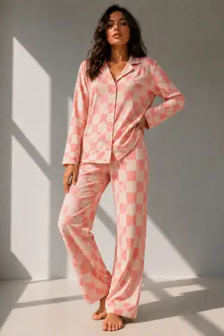 Kadın Uzun Kol Pamuklu Pembe Pijama Takımı - 6